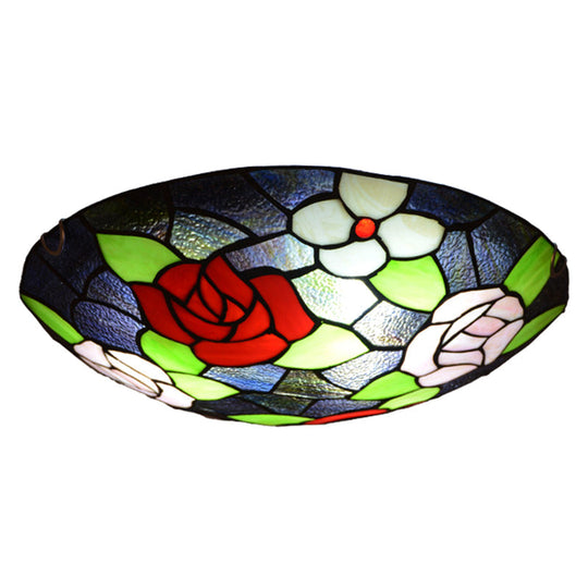 Stained Glass Tiffany Floral Flush Mount Ceiling Light Fixture Green - Red / 12’