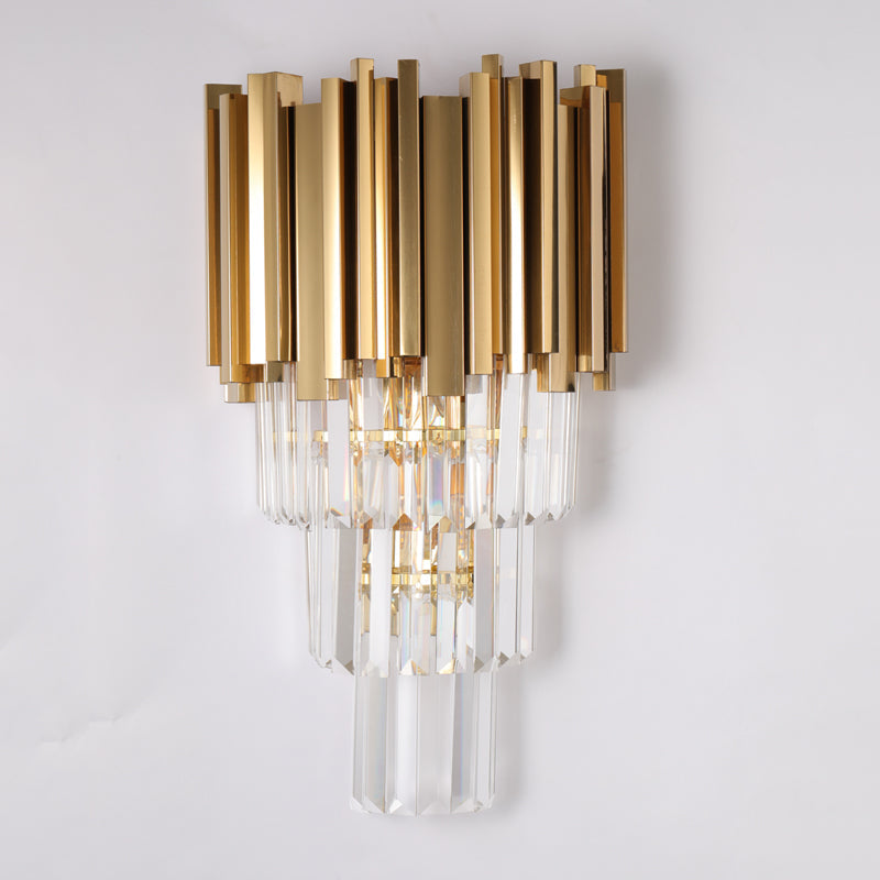Modern Multi Layer Metal And Crystal Prisms Wall Lamp - 2/3 Bulbs Brass Finish