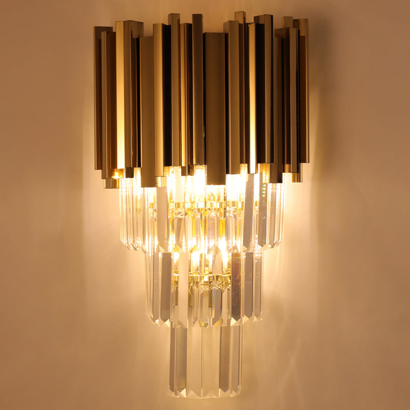 Modern Multi Layer Metal And Crystal Prisms Wall Lamp - 2/3 Bulbs Brass Finish
