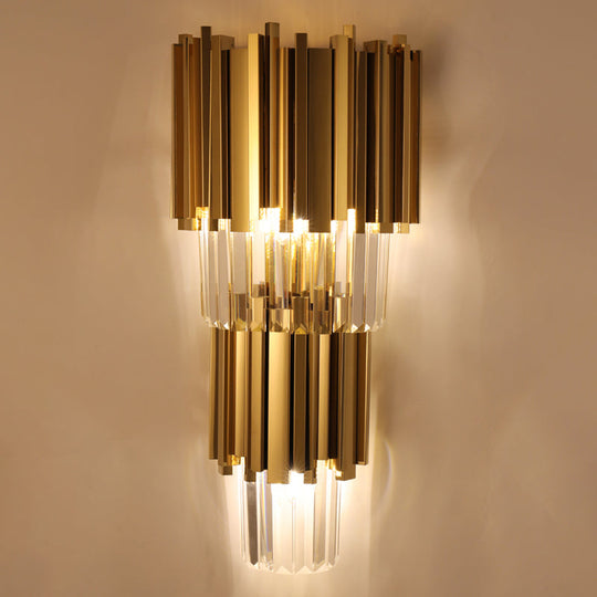 Modern Multi Layer Metal And Crystal Prisms Wall Lamp - 2/3 Bulbs Brass Finish 3 /