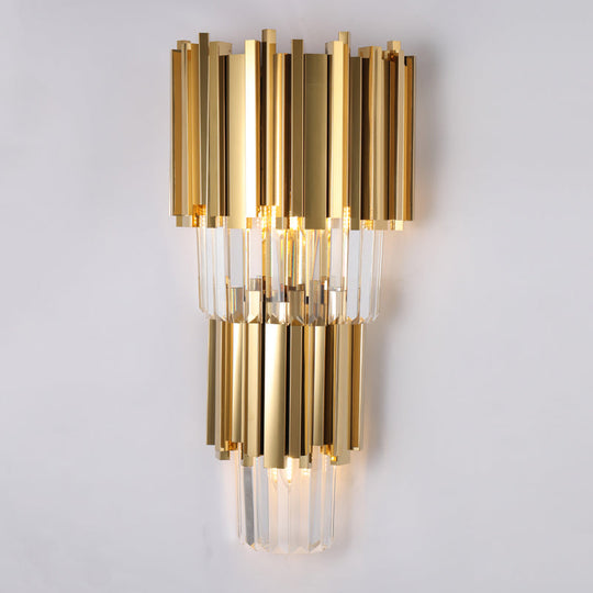 Modern Multi Layer Metal And Crystal Prisms Wall Lamp - 2/3 Bulbs Brass Finish