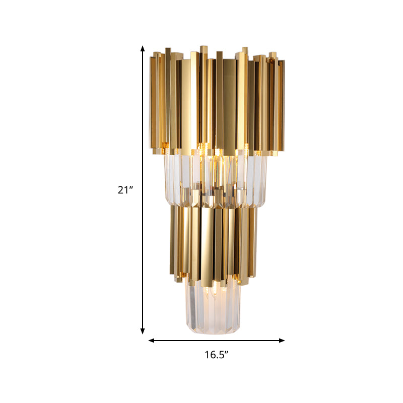 Modern Multi Layer Metal And Crystal Prisms Wall Lamp - 2/3 Bulbs Brass Finish