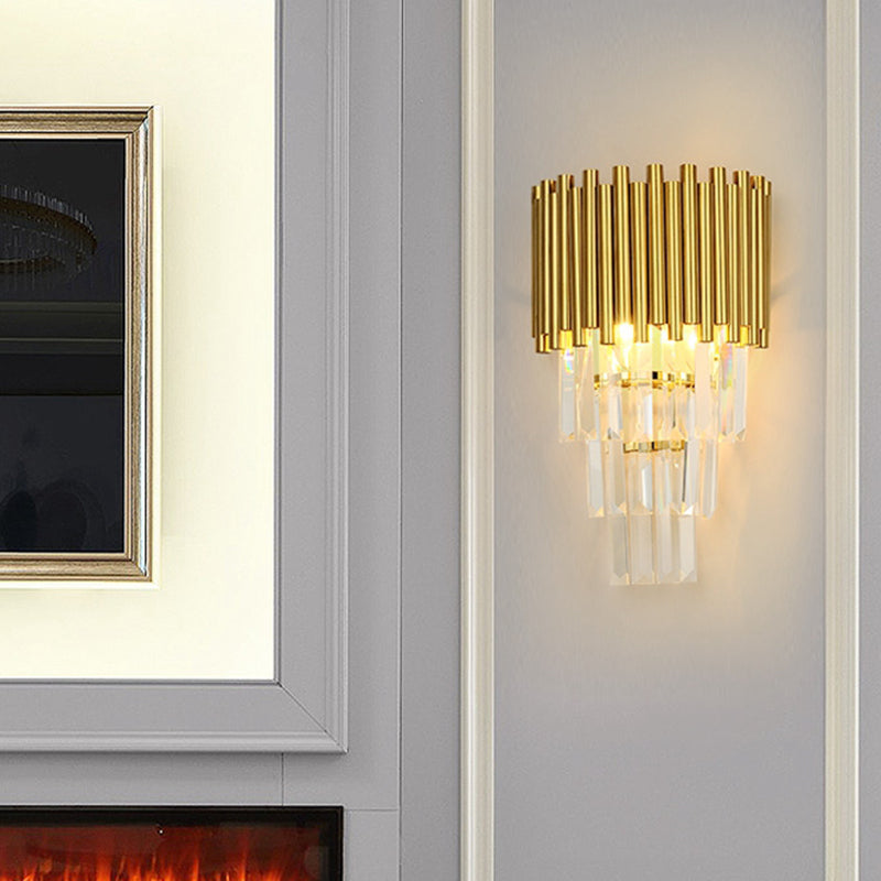 Modern Wall Mounted Gold Lamp: Tapered Design Triangular Crystal Prism 2 Lights For Living Room