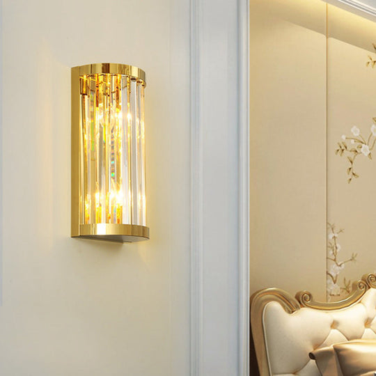 Modern Gold Wall Light Fixture With Clear Crystal Shade Half Cylinder Design 2 Lights