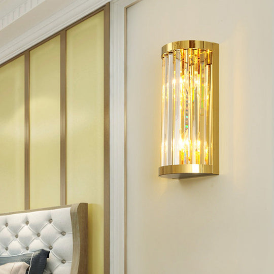 Modern Gold Wall Light Fixture With Clear Crystal Shade Half Cylinder Design 2 Lights