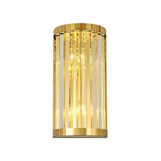 Modern Gold Wall Light Fixture With Clear Crystal Shade Half Cylinder Design 2 Lights