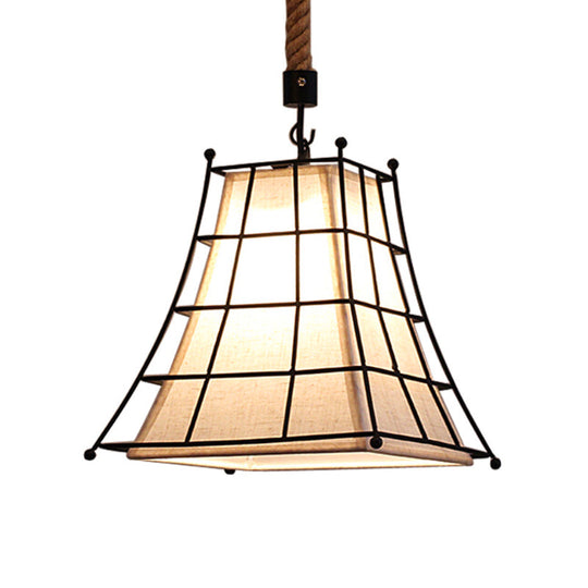 Flared Hanging Lamp With Fabric Shade - Wire Frame Rustic Suspension Light In Black