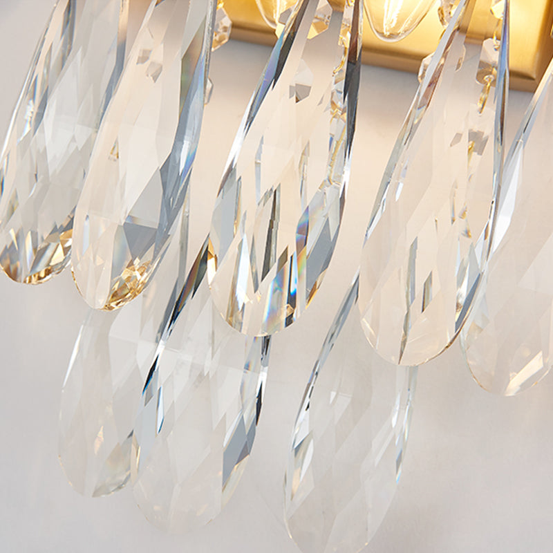 Modern Gold/Smoke Grey Round Wall Mount Lighting With Clear Crystal Teardrop - 2 Bulb Lamp
