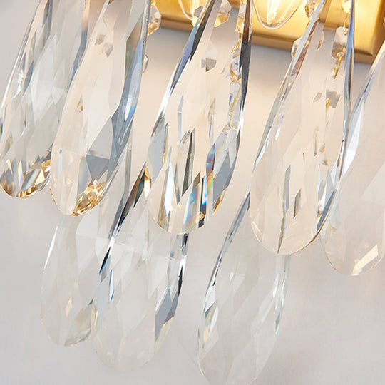 Modern Gold/Smoke Grey Round Wall Mount Lighting With Clear Crystal Teardrop - 2 Bulb Lamp