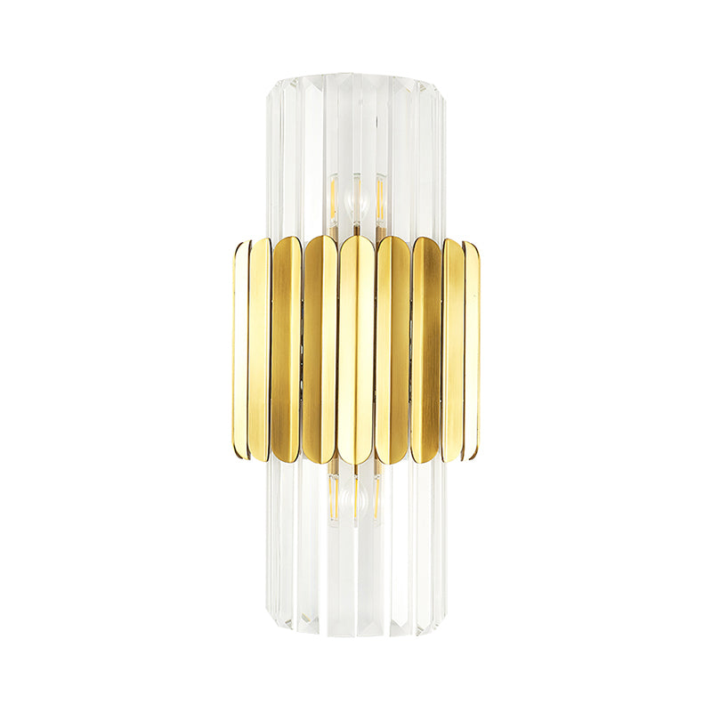 Modern Crystal Cylinder Wall Mount Lamp With 2 Gold Heads - Bedroom Lighting Fixture