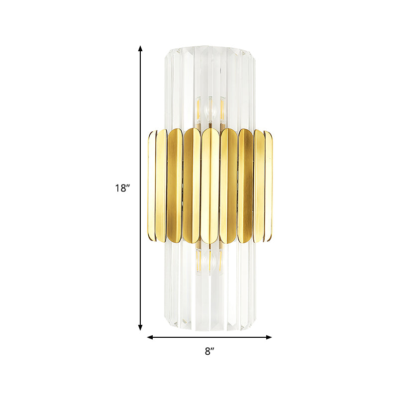 Modern Crystal Cylinder Wall Mount Lamp With 2 Gold Heads - Bedroom Lighting Fixture