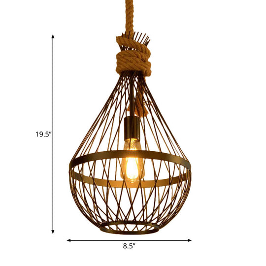 Teardrop Suspension Light: Metal Wire Frame Hanging Lamp In Black With 39’ Rope - Country Style