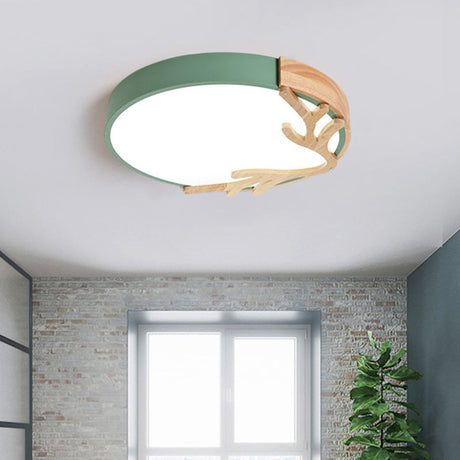 Metal Nordic Flush Mount Spotlight With Antlers - Round 1 - Light Light Green / 12’ White