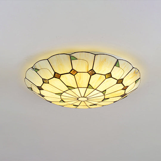 Vintage Tiffany Stained Glass Ceiling Light With Leaf Pattern - Flush Mount Led Lamp For Living Room