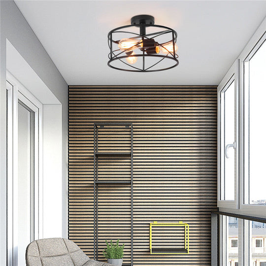 Retro Industrial Metal Flush Mount Ceiling Light For Living Room - Trellis Cage Design