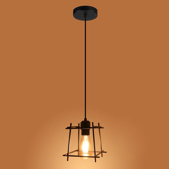 Retro Industrial Square Semi Flush Chandelier - Metal Ceiling Light For Hallway Black
