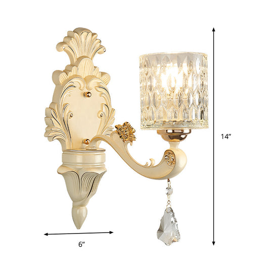 Honeycomb Glass Wall Light With Clear Cylinder Shade - Vintage 1/2 Lights Mount Lamp In Beige