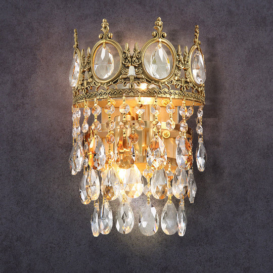 Classic Round Wall Mounted Lighting With Clear Crystal Prisms 2 Bulbs Aged Brass Finish