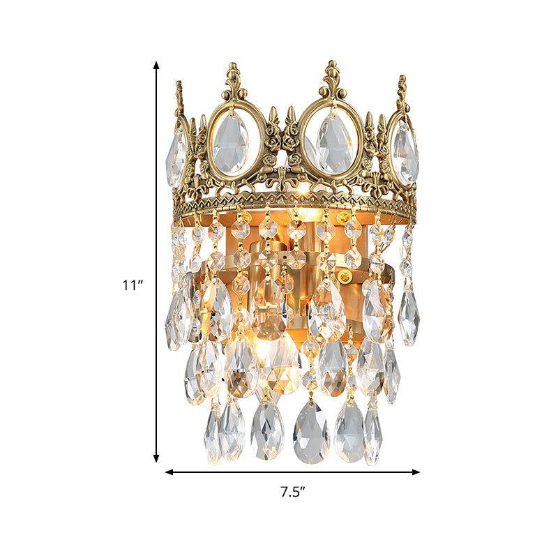 Classic Round Wall Mounted Lighting With Clear Crystal Prisms 2 Bulbs Aged Brass Finish