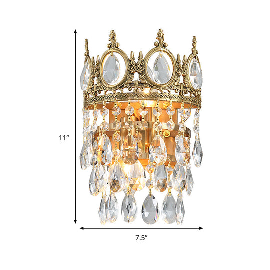 Classic Round Wall Mounted Lighting With Clear Crystal Prisms 2 Bulbs Aged Brass Finish
