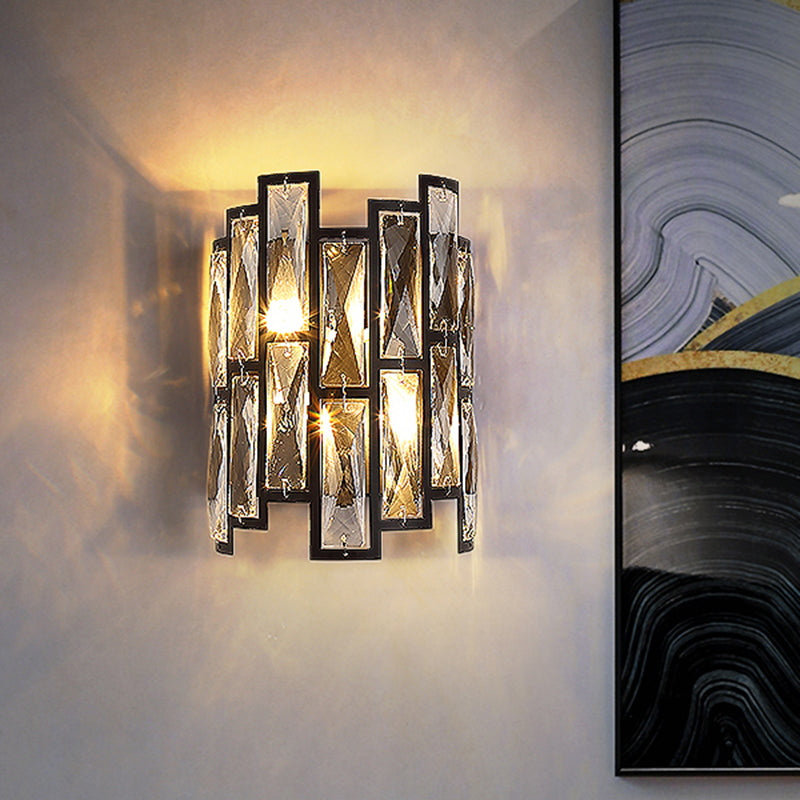 Contemporary Black Half Cylinder Wall Lamp With Clear Crystal Blocks - 2 Lights Mount