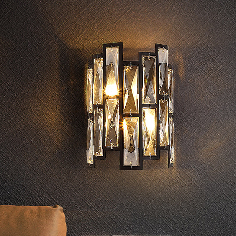 Contemporary Black Half Cylinder Wall Lamp With Clear Crystal Blocks - 2 Lights Mount
