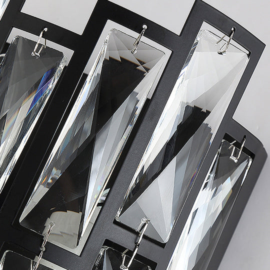 Contemporary Black Half Cylinder Wall Lamp With Clear Crystal Blocks - 2 Lights Mount