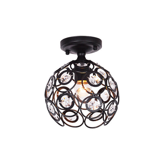 Contemporary Metal Globe Cage Semi - Flush Mount With Crystal Decorations And 1 Bulb In Black