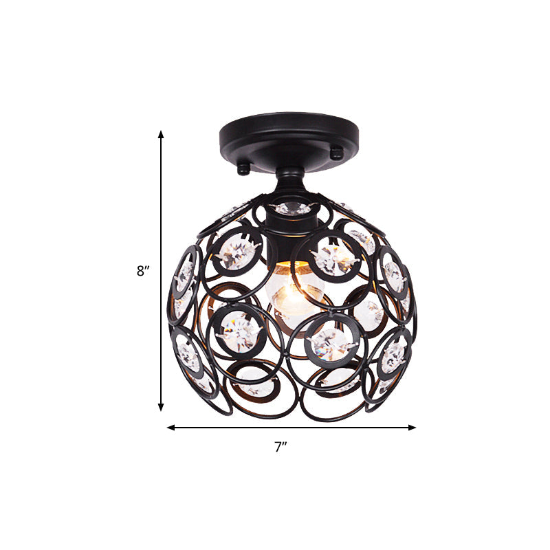 Contemporary Metal Globe Cage Semi - Flush Mount With Crystal Decorations And 1 Bulb In Black