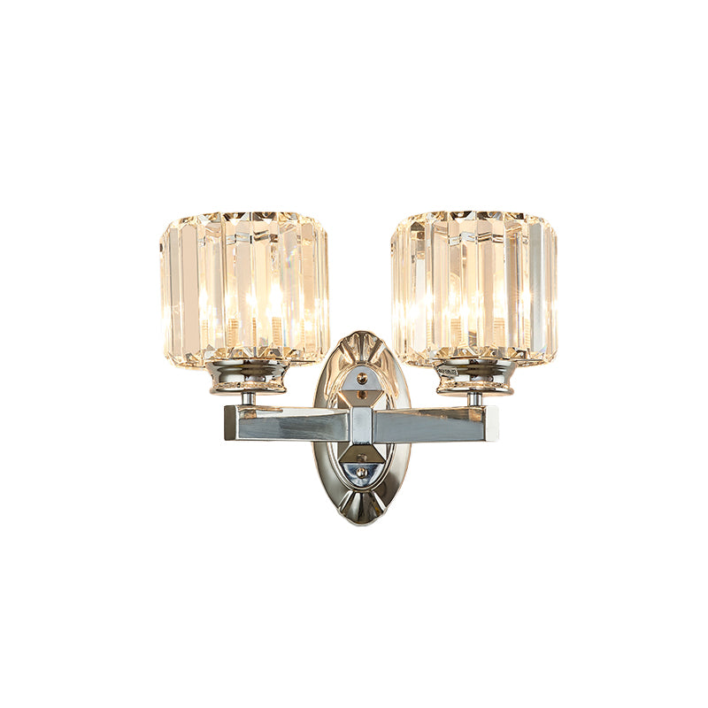 Cylindrical Crystal Wall Sconce With Vintage Chrome Finish - Set Of 2 Bulbs