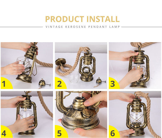 Transparent Glass Nautical Bedside Pendant Lantern Ceiling Lamp With Hemp Rope