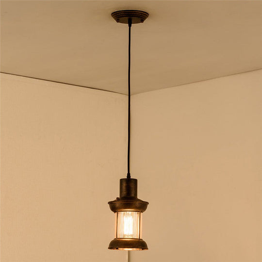 Country Style Clear Glass Lantern Pendant Light With Pendulum | Bronze Finish 1-Bulb Fixture
