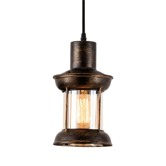 Country Style Clear Glass Lantern Pendant Light With Pendulum | Bronze Finish 1-Bulb Fixture