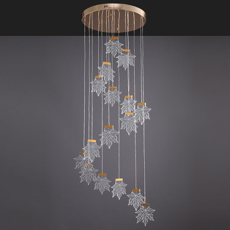 Acrylic Gold Led Pendant Lamp With Maple Leaf Cluster Design For Staircases