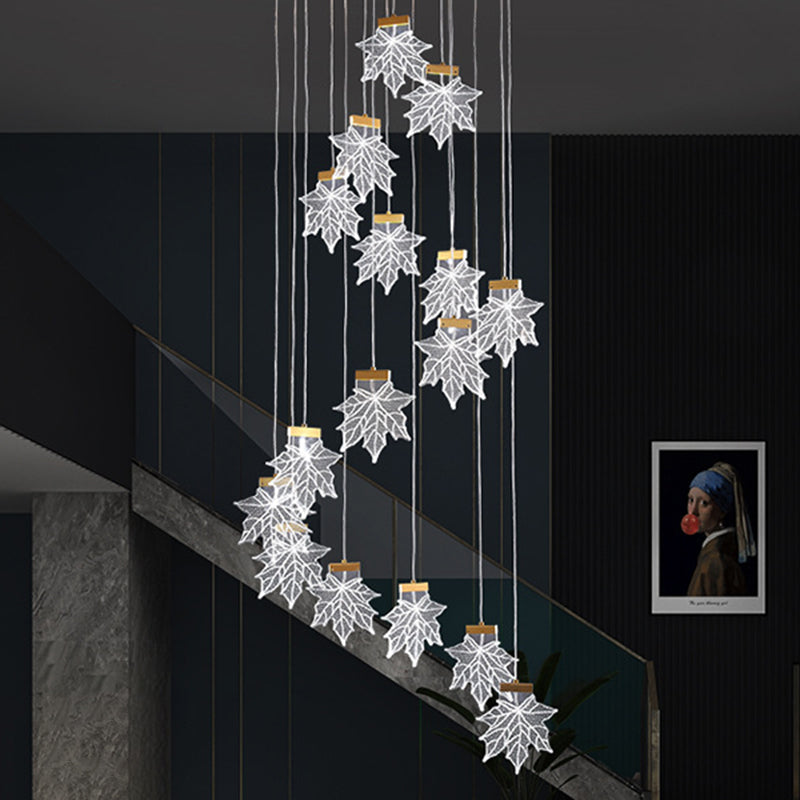 Maple Leaves Pendant Led Suspension Lamp - Simplicity Acrylic Gold Design For Stairs