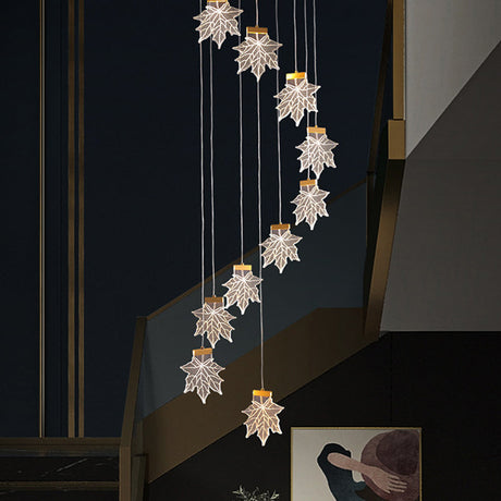 Acrylic Gold Led Pendant Lamp With Maple Leaf Cluster Design For Staircases