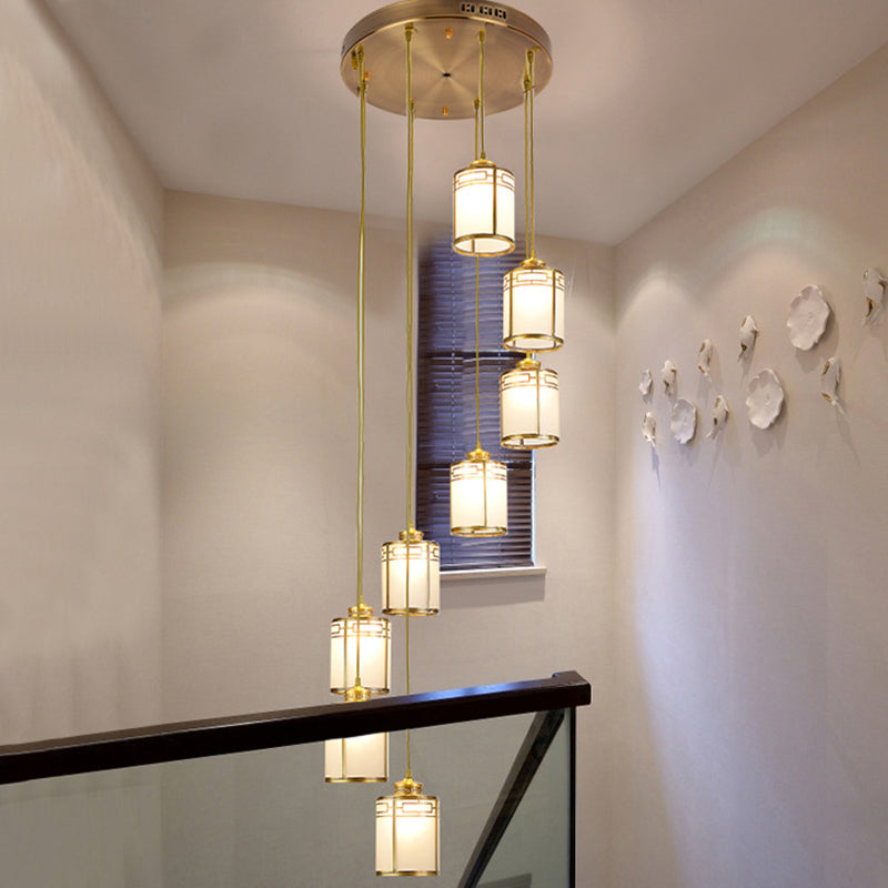 Frosted White Glass Pendant Lamp With Modern Brass Finish - Multiple Hanging Lights For Duplex House