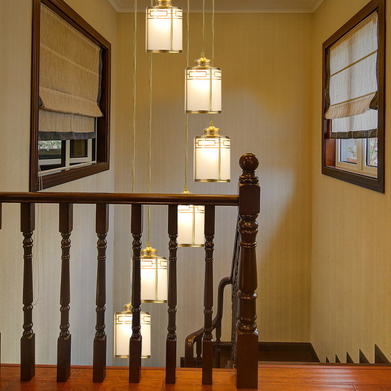 Modern Brass Frosted Glass Pendant Lamp For Duplex House