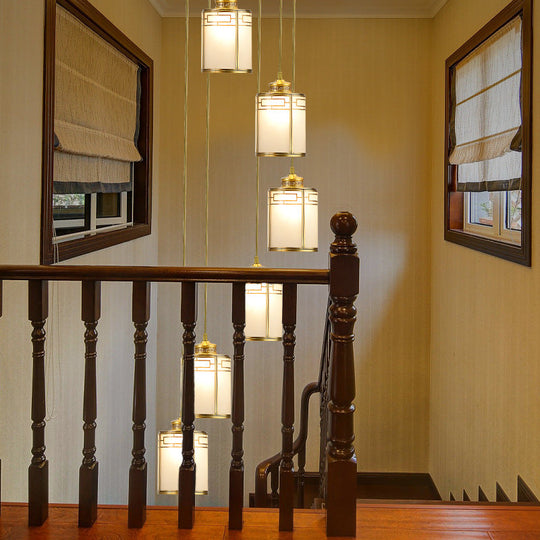 Modern Brass Frosted Glass Pendant Lamp For Duplex House