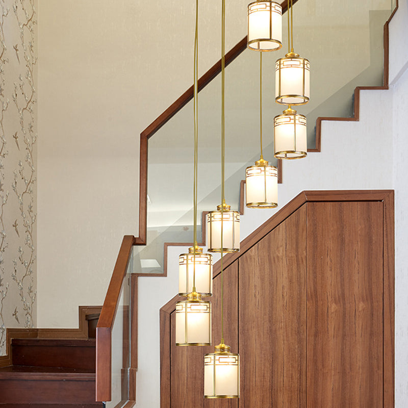 Modern Brass Frosted Glass Pendant Lamp For Duplex House