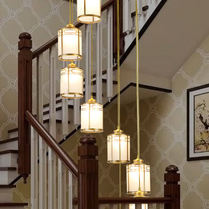 Frosted White Glass Pendant Lamp With Modern Brass Finish - Multiple Hanging Lights For Duplex House