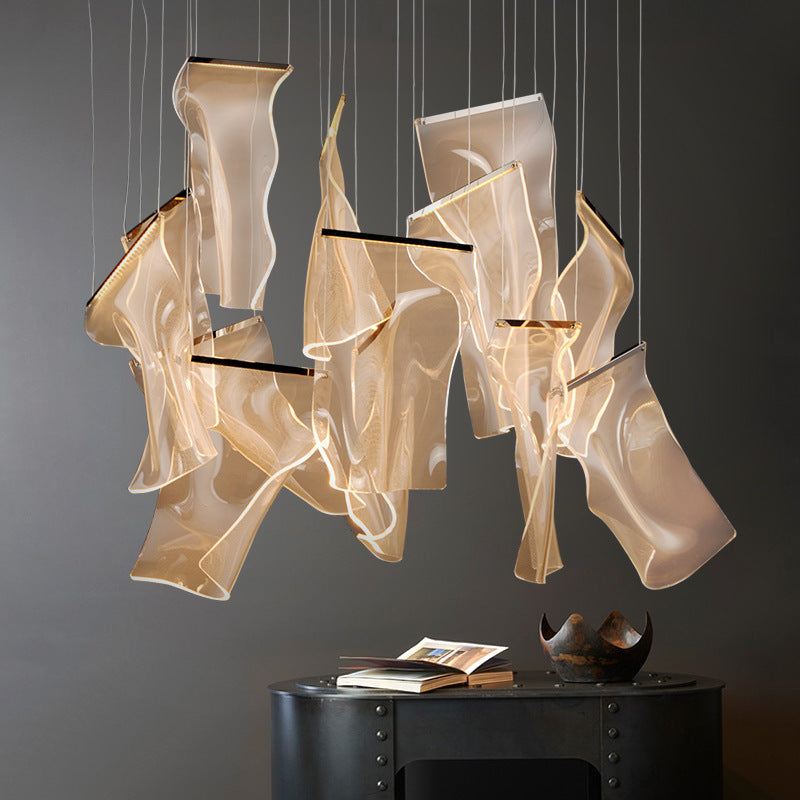 Minimalist Led Brass Finish Ceiling Light With Paper Sheet Design - Multi-Light Pendant Acrylic