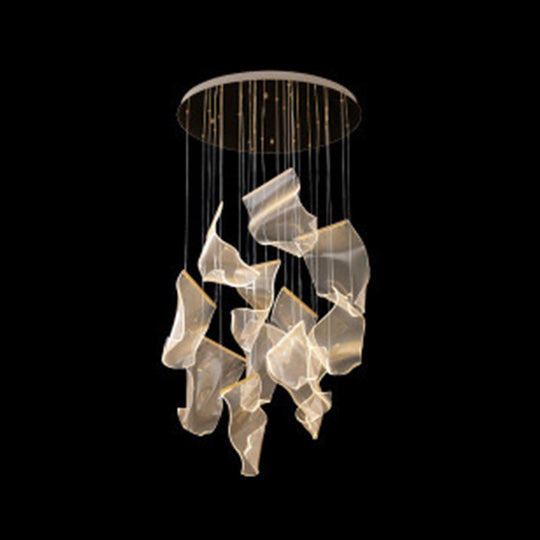 Minimalist Led Brass Finish Ceiling Light With Paper Sheet Design - Multi-Light Pendant Acrylic