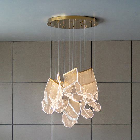 Minimalist Led Brass Finish Ceiling Light With Paper Sheet Design - Multi-Light Pendant Acrylic