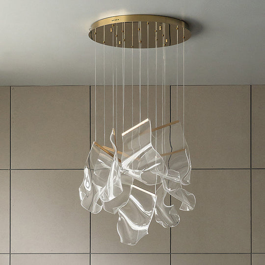 Minimalist Led Brass Finish Ceiling Light With Paper Sheet Design - Multi-Light Pendant Acrylic