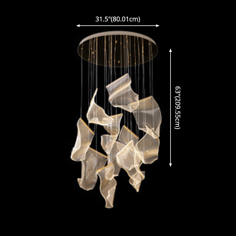 Minimalist Led Brass Finish Ceiling Light With Paper Sheet Design - Multi-Light Pendant Acrylic