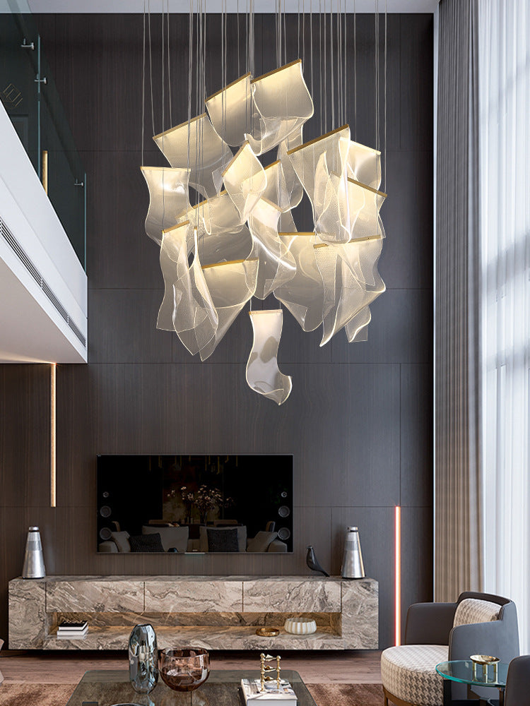 Minimalist Led Brass Finish Ceiling Light With Paper Sheet Design - Multi-Light Pendant Acrylic