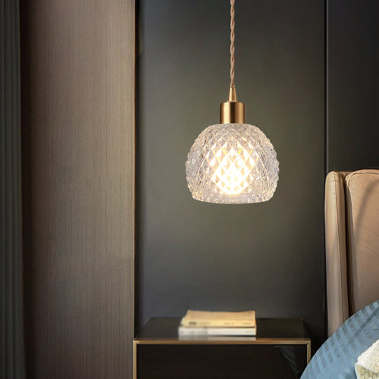 Modern Brass Bedside Pendant Lamp With Clear Glass Shade - Single-Bulb Pendulum Light