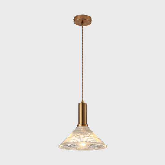 Sleek Single-Bulb Hanging Lamp With Ribbed Glass Shade: Elegant Pendant Light For Bedrooms Brass /