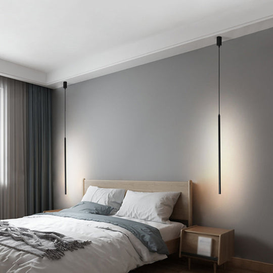 Black Led Stick Pendant: Bedroom Linear Suspension Lighting With Minimalist Metal Design